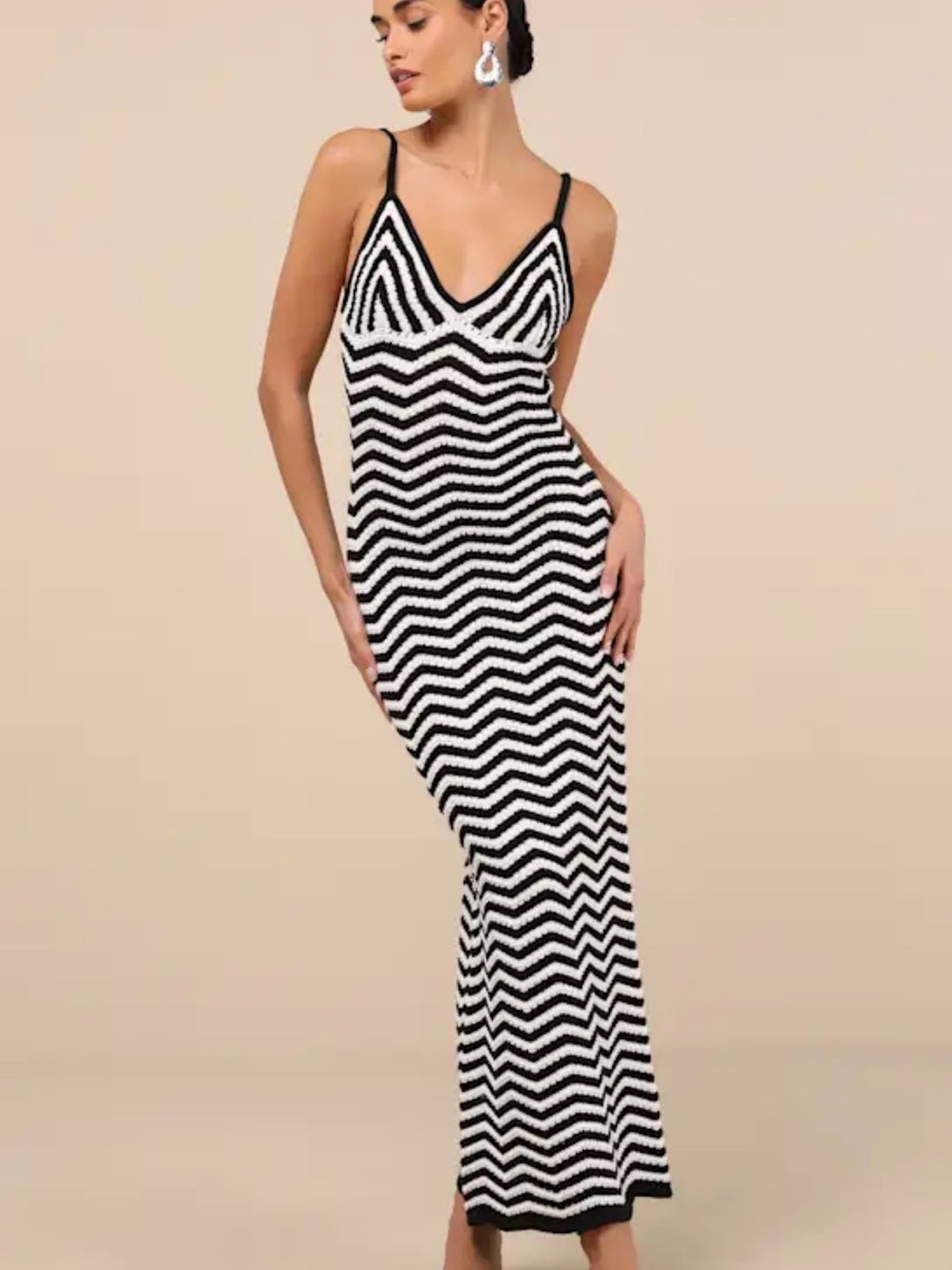 Black & White Chevron Maxi Dress with Slim Spaghetti Straps